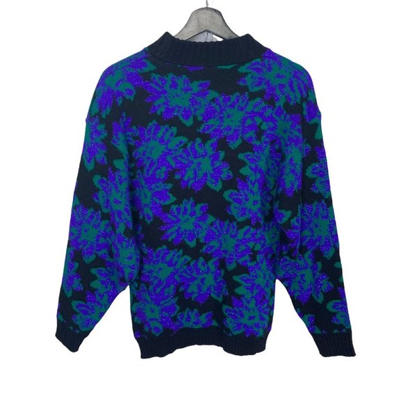 Vintage 90s Black Blue Floral Print High Neck Pull Over Sweater Medium - Picture 2 of 7